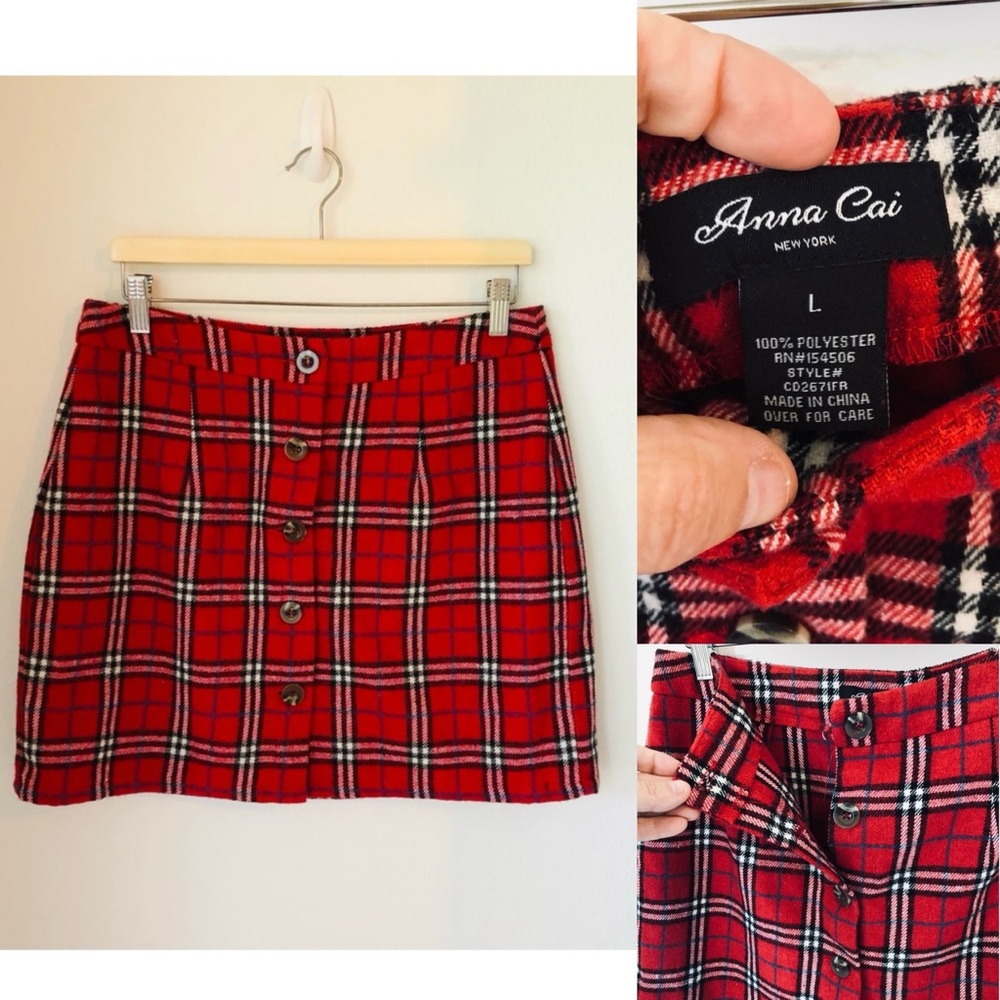 Anna Cai New York Women’s Size L Red Plaid Mini Skirt With Functional Buttons
